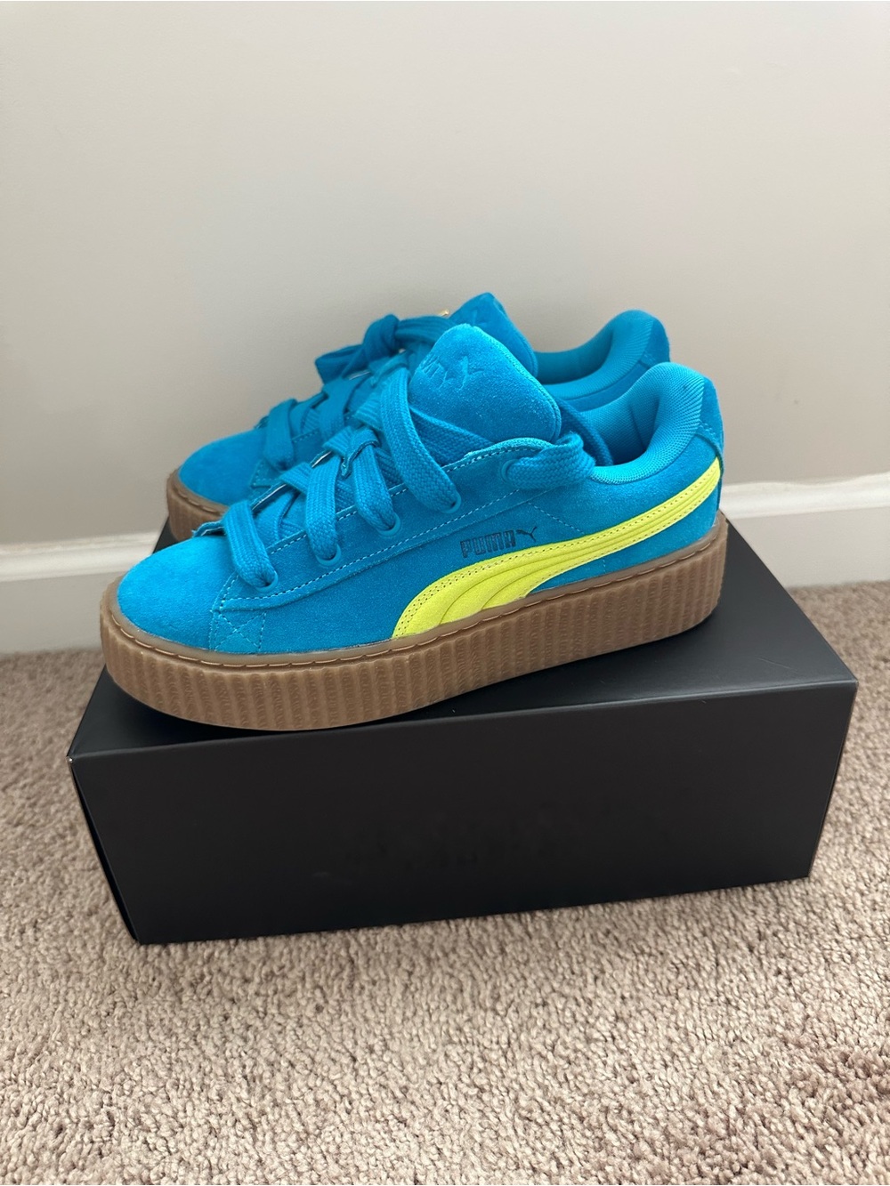Fenty Puma Women Suede creeper Sneaker - Teal with Yellow Stripe